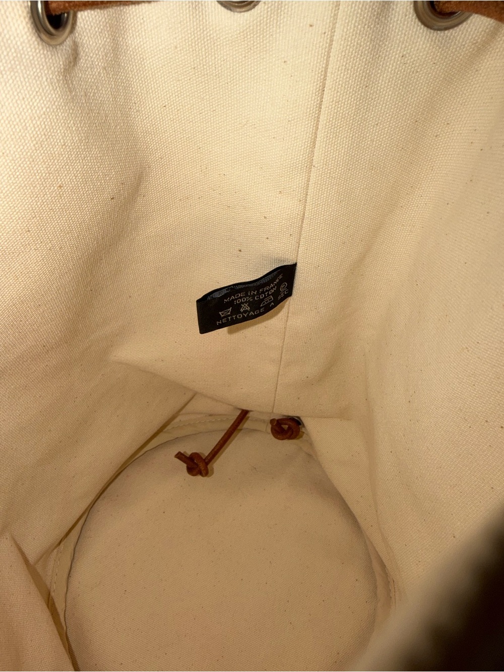 Hermes Cream Canvas Bucket Bag w/ Brown Leather Drawstring - Authentic Pre-Loved - Picture 6 of 11